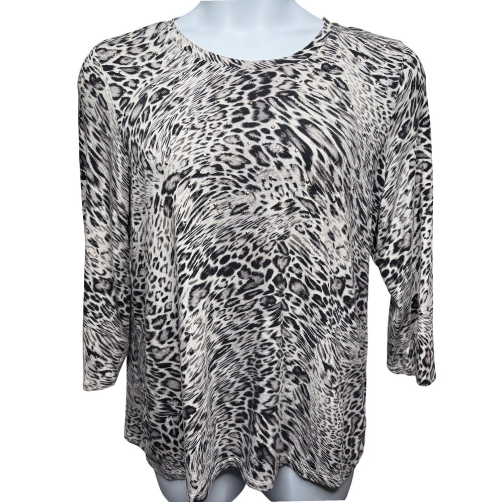 RAFAELLA Womens Gray Leopard Print Studded Top XL Stretch Casual-Chic Mob Wife